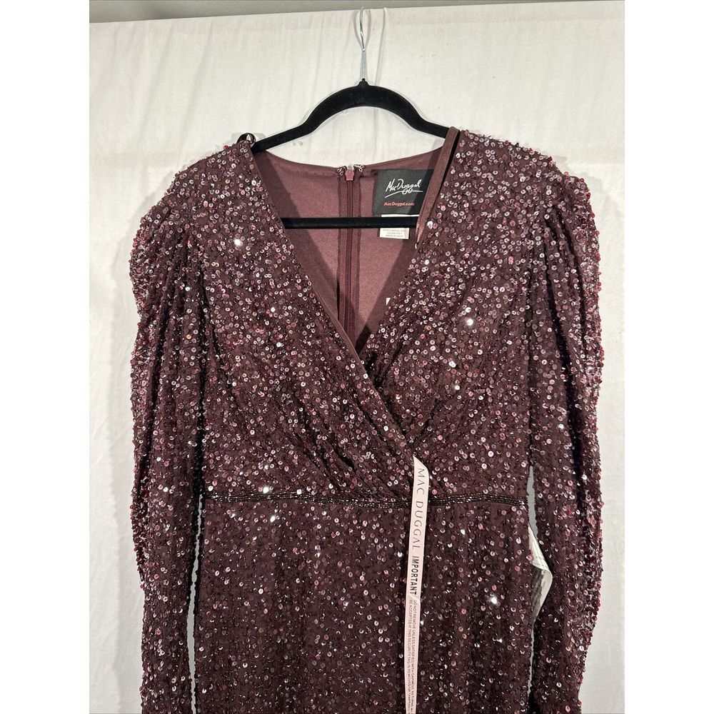 NWT Mac Duggal [ 10 ] V Neck Puff Shoulder Sequined Surplice Gown Mahogany J250‎ - Picture 11 of 15